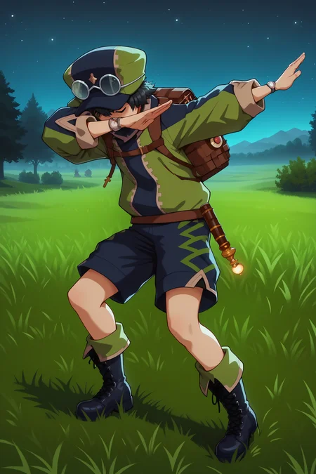 score_9, score_8_up, score_7_up, detailed face, masterpiece, best quality, 
outside, grass, at night, night,
 <lora:Jean_Fire_Emblem_Engage:.8>
1boy, solo, bag, shorts, night, cross-laced footwear, hat, boots, goggles, standing, backpack, black hair, lace-up boots, full body,
 <lora:EPdab:1> EPdabbing, outstretched arm, covered face,, closed eyes,, standing on one leg, standing, squatting, split