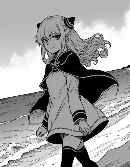 score_9, score_8_up, score_7_up, source_anime, <lora:ashe-talton-manga-ponyxl-lora-nochekaiser:1>, rengoku ashe, long hair, greyscale, monochrome,, thighhighs, long sleeves, capelet, cape, dress, white dress,, beach, sunset, walking along shore, footprints in sand, waves, peaceful, smile, looking at viewer, solo,, cowboy shot, dutch angle