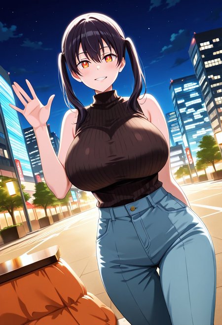 general,highres, ultra-detailed,very aesthetic,best quality ,best hands,best eyes,easynegative,
dynamic anglre, dutch angle, anime cloring,
1girl solo,looking at viewer,smile,night,city,waving hand, 
Kotatsu tamaki,black_hair, orange eyes, huge_breasts, twintails,black sleeveless shirt,pants,