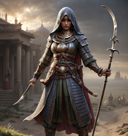 RAW photo, (masterpiece:1.3), subsurface scattering, heavy shadow, (high quality:1.4), (intricate, high detail:1.2), professional photography, HDR, High Dynamic Range, realistic, ultra realistic, photorealistic, high resolution, film photography, ambient lighting, atmospheric effects, <lora:detail_slider_v4:2>, OverallDetail,1girl, animal, arar, armor, belt, brown footwear, chainmail, dark skin, day, earrings, full body, holding, holding polearm, holding weapon, hood up, long sleeves, male focus, necklace,  simple background, solo, sword, veil,  <lora:ArabianArmor:1>