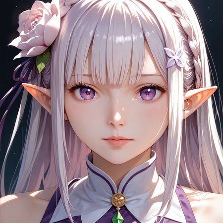 score_9, score_8_up, score_7_up, semi-real, (pretty_face), solo,  Masterpiece, finely detailed, ultra-detailed, hyper detailed, delicate detailed, <lora:lighting Slider_alpha1.0_rank4_noxattn_last:2>,  <lora:Smooth Pony Booster:0.5>,  <lora:StS_PonyXL_Detail_Slider_v1.4_iteration_3:4>,  <lora:emiliaPDXL_scarxzys:0.6>, (emilia), purple eyes, (white hair), long hair, blunt bangs, hair ornament, braid, hair flower, (pointy ears), (23years_woman), (SFW), (hyper_detailed_face),(ultra-detailed_eyes), (face_only),(delicate_detailed_hair)