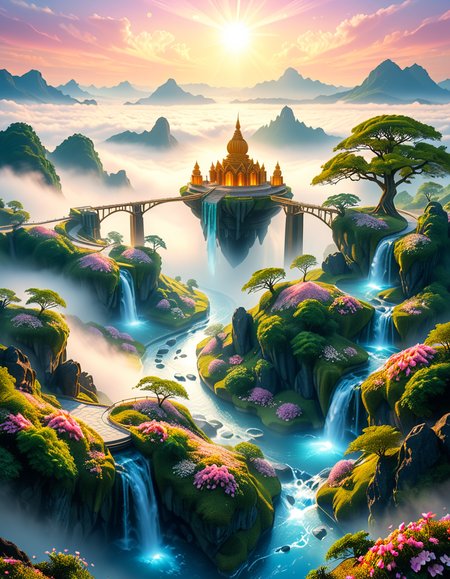 A mesmerizing celestial background featuring an otherworldly paradise. Towering crystalline mountains with peaks that glow softly under a sky painted in shifting hues of iridescent blues, pinks, and golds. Rivers of liquid light flow through vast, open meadows filled with luminescent flowers that pulse with a gentle glow. Gigantic, translucent trees with silver leaves sway in a breeze that carries floating particles of golden dust. Suspended bridges made of shimmering energy connect ancient, floating monoliths engraved with intricate celestial patterns. In the distance, an enormous radiant waterfall cascades into a bottomless, mist-covered abyss, reflecting the surrounding ethereal glow. A tranquil atmosphere, untouched and divine, filled with an overwhelming sense of wonder and serenity.
<lora:SDXLFaeTastic2400:0.4> <lora:extremely_detailed:0.4> extremely detailed, <lora:heavenly_l4ndsc4p3:1>,heavenly l4ndsc4p3, Masterpiece,best quality,hi res,8k,hi res,8k,award winning,(sharp focus, intricate, highly detailed),