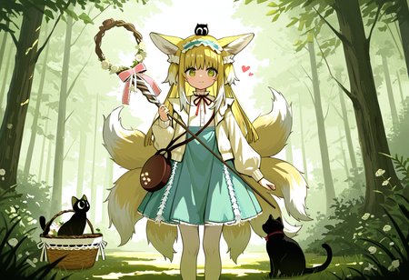 best quality, masterpiece, absurdres, suzuran \(spring praise\) \(arknights\), forest,  basket, black cat, staff,  heart    <lora:suzuran_arknights:1>