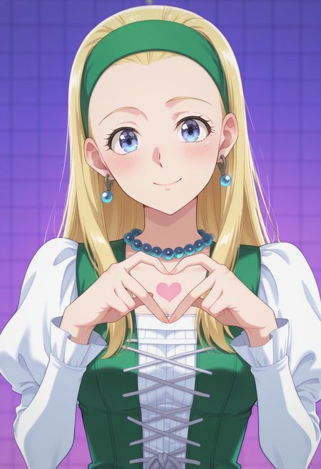 anime screencap, anime coloring,  <lora:DX888Serena:1> serena, blue eyes, blonde hair, long hair, hair slicked back BRAEK green hairband, earrings, dress, juliet sleeves, bead necklace, BREAK simple background,   purple background, honeycomb background, BREAK   1girl, blush, breasts,  hands up, (head tilt:1.2), heart hands, looking at viewer, portrait, solo, upper body,  4-finger heart hands, smile