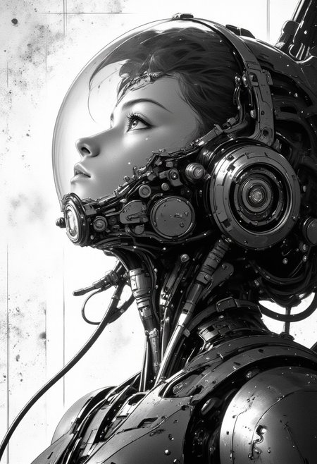 highly detailed and hyper realistic and dynamic.  This black-and-white retro anime image featuring a young girl with short hair wearing a futuristic, armored spacesuit with a transparent helmet. She is depicted in profile, gazing upwards, with a thoughtful expression. The suit has various gadgets and a communication device on her chest. The background is minimalistic, with a stars in the upper left corner and a textured, abstract pattern. The lighting is soft, highlighting her determined face. The angle is slightly low and the style is a blend of sci-fi and manga/anime. highly detailed and hyper realistic. highest details and hyper realism.