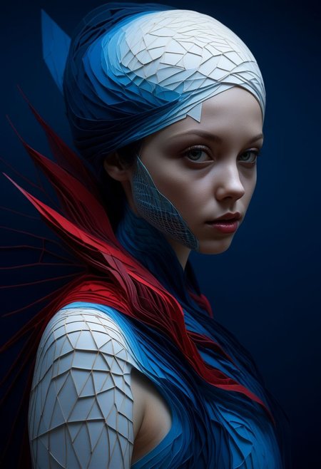 layered papercut, mysterious face, an exotic woman in artsy clothing, fading backlit background, (deep sea fading white to deep blue/red), alluring goddess, by Minjae Lee, Carne Griffiths, Emily Kell, Steve McCurry, Geoffroy Thoorens, Aaron Horkey, Jordan Grimmer, Greg Rutkowski, amazing depth, double exposure, surreal, geometric patterns, intricately detailed, bokeh,  perfect balanced, deep fine borders, artistic photorealism , smooth,  great masterwork by Suiras  <lora:add-detail-xl:2>  <lora:Double_Exposure:0.5>