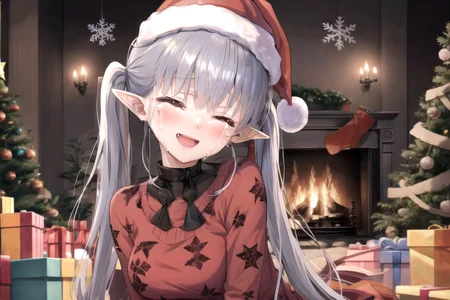 <lora:sarkazgirl-03:1>, BREAK 1girl, white hair, black horns, pointy ears, very long hair, twintails, medium breasts, voluminous hair, disheveled hair, ugly christmas sweater, indoors, christmas, tired, smile, (bags under eyes:1.4), christmas tree, gift boxes, fireplace, happy, blush, christmas stocking, santa hat, crying, (eyes closed:1.2), head tilt, eyes shut