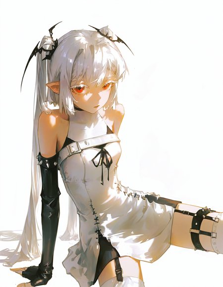 liloai,1girl,solo,<lora:liloai-000012:1>,looking at viewer,simple background,cowboy shot,white background,white dress,bare shoulders,bare shoulders,garter straps,pointy ears,fingerless gloves,detached sleeves,sitting,, masterpiece, best quality, very aesthetic, absurdres,newest, incredibly absurdres,, (klskx:1.1),dino \(dinoartforame\),