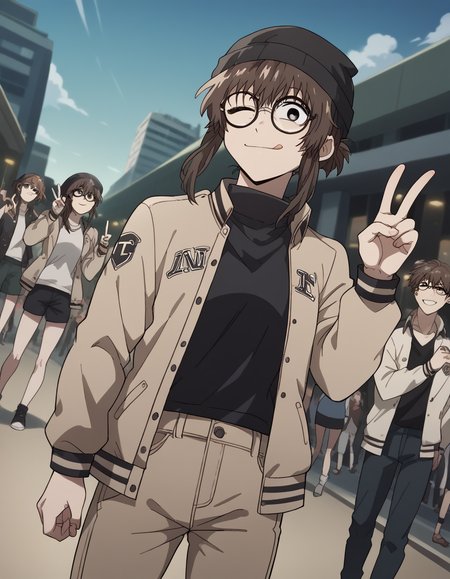 score_9, score_8_up, score_7_up, source_anime, <lora:anko-uguisu-s1-ponyxl-lora-nochekaiser:1>, anko uguisu, short hair, brown hair, glasses, black eyes,, <lora:letterman-jacket-ponyxl-lora-nochekaiser:1>, letterman jacket, jacket,, outdoors, crowd, people, v, v over eye, one eye closed, tongue out, smile, beanie, pants, open clothes, open jacket, , cowboy shot, dutch angle