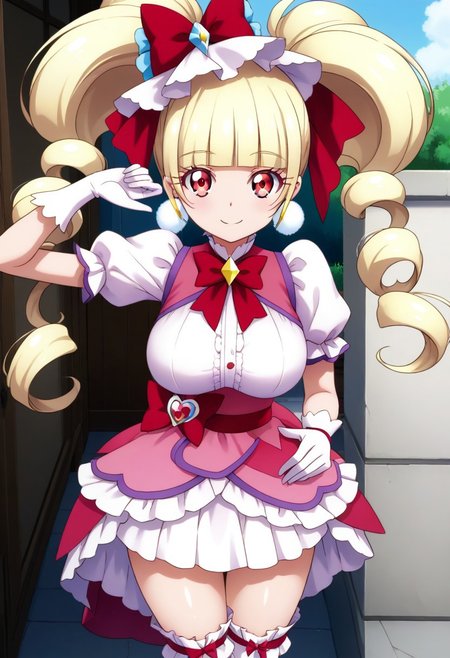 score_9, score_8_up, score_7_up, source_anime, (nsfw1.0), BREAK, 
curemacherie, cute 1girl, (large breasts:1.6), skinny body, (short stature:1.5), (shortstack:0.7), red eyes, blond hair, twintails, 
pink clothes, pom pom earrings, pink ribbon, white gloves, frilled thighhighs, puffy sleeves, layered dress, (mini skirt), porch, wrist bow, jewelry, 
shiny skin, 
smile,  
strike a pose, looking at viewer, 
angle:random, 
background:random,