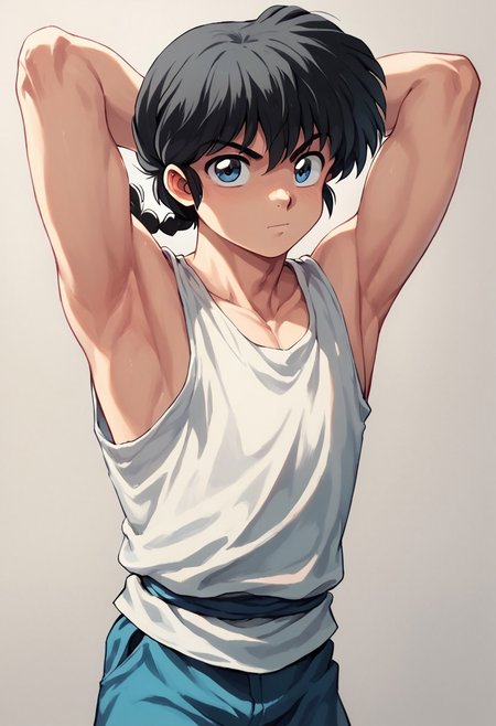 score_9, score_8_up, score_7_up, 1boy, solo,  cute boy, Ranma_Kun, Black Hair, Single Braid, Blue Eyes, tank top, shorts, arms behind head, armpits