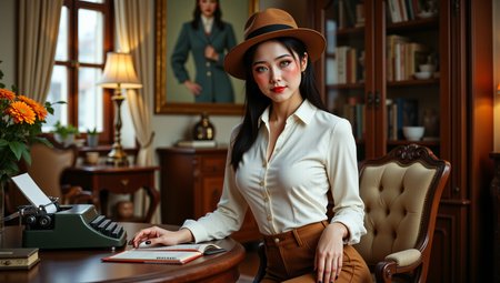 modeling poses,Hyperrealistic, She is approximately 18 years old, she is smiling, dynamic angles, multiple angles,She is looking at the camera, photoshoot poses; A photo of Choon-hee_Camybody4K features a woman with bright green eyes. She is wearing a red lipstick, huge breasts, she is wearing a white white shirt and brown pants, she is posing for the camera.  a woman with huge breasts, she is sitting at a desk with an old fashioned typerwriter, the office is decorated in a 1950s detective noir style, The woman is wearing brown fedora.  The scene is set in a cozy and inviting atmosphere, with the woman being the main focus of the image. she has the perfect milf body, thin waist, wide hips, golden triangle, she is posing for the camera with a smile on her face. Style: realistic hyper-detailed rendering, 32k UHD, expressive eyes, punk, graphic design, girl's face, pretty and cute, gleaming lips, telling a tale of adventure. Exuding confidence and serenity. The overall mood of the image is happy and relaxed,detailed skin texture,(blush:0.2),(goosebumps:0.3),subsurface scattering,with a playful and whimsical tone, aidmafluxpro1.1, perfect hand, detailed hand, looking at camera, looking at viewer, looking at camera, she is looking at the camera,retro50s_style, 