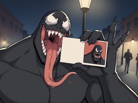 score_9, score_8_up, score_7_up, score_6_up, score_5_up, score_4_up, outside, night, city, street, street lamp BREAK
<lora:KronkPermit-000006:0.85> holding permit, kronkface, venom, black body, white eyes, eyeless, sharp teeth, long tongue, saliva, muscular male, sharp claws