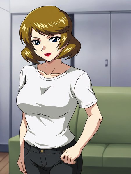 <lora:Talia_Gladys-Gundam_SEED_Destiny:0.8>,Talia,1girl,short hair,brown hair,blue eyes,lipstick,shirt,pants,smile,looking at viewer,indoors