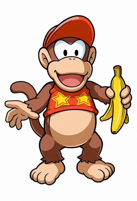 1boy, solo, 
standing, 
no humans, kong, furry male, 
diddykong, tail, 
looking at viewer, smile, open mouth, 
banana, 
simple background, white background