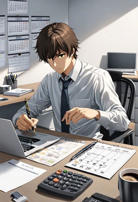Highres, Masterpiece, High Quality, 4K, 8K, solo, 1Boy, Seiya Kanie, short dark brown hair, golden eyes, worker, working, office space, office desk, white wall, carpet floor, office chair, sitting, concentration, focus, think, fidget, pen, notepad, laptop, coffee, water bottle, document, calendar, calculator, wall clock, easynegative, detailed_eye_model