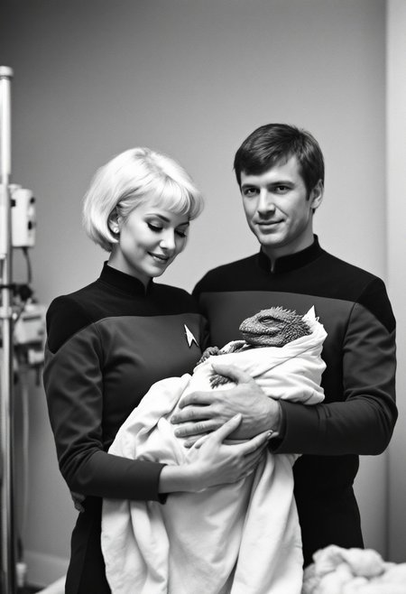The image is a black-and-white photograph featuring two people, a man and a woman, holding a Godzilla baby. The woman, on the left, has short, platinum blonde hair and is dressed in a Starfleet uniform from the 1980s, specifically from the TV show "Star Trek: The Next Generation." Her uniform has a high collar and a Starfleet insignia on the chest. The man, on the right, has short, dark hair and is also wearing the same Starfleet uniform, indicating they are likely both in the Starfleet. He is holding the baby, who is swaddled and appears to be a small infant. The tiny Godzilla is wrapped in a blanket and seems to be sleeping. 
The background of the image is minimalistic, showing a plain, possibly hospital-like setting, indicated by a medical pole or equipment near the edge of the frame on the left. The image captures a tender, intimate moment, showcasing the new parents with their newborn monster-child in a hospital setting. The overall tone of the image is warm and intimate, emphasizing the new family's joy and the significance of the moment.