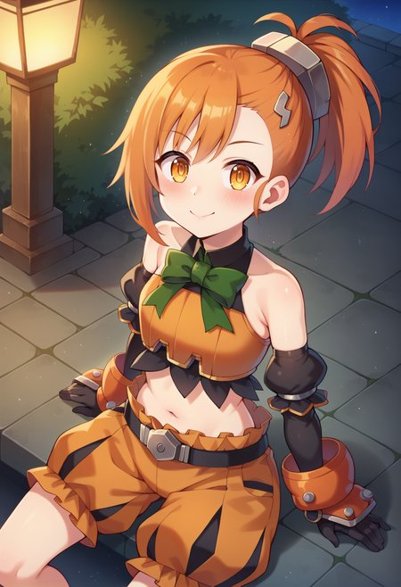 score_9, score_7_up, hd, (ultra hd quality details), source_anime, night, outdoors, 
solo, 1girl, pcrmisogi, side ponytail,
misogihal, green bow, hair ornament, orange crop top, bare shoulders, detached sleeves, midriff, elbow gloves, black gloves, gauntlets, orange shorts, puffy shorts,
looking at viewer, blush, smile, closed mouth, 
sitting, from above,
<lora:_misogipcr-elesico-pony:0.9>