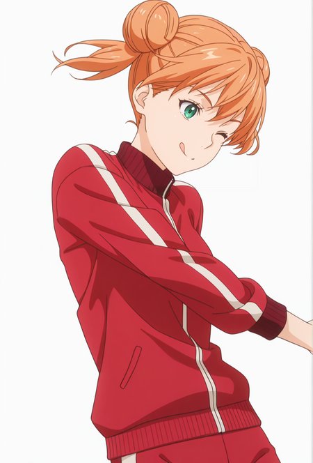Smooth Quality,masterpiece,very intricate, high quality details, ultra realistic, high detailed skin,detailed enviorement,absurdres,
simple background, white background,solo,dancing, wind, 
front view,;q,
 <lora:FoodWCNN:0.8> foodwarstylecnn,
 yuki_cnn, 1girl, orange hair, green eyes, double bun, track jacket