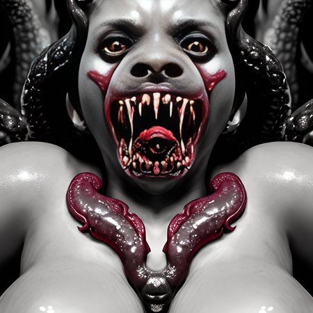 professional photograph, Front shot, Mid-range, older woman, black, natural breasts, (((Laying on back))), surrounded by (((Cerberus))), (((in hell))), getting fucked in the pussy by a monster, (tentacles in asshole), direful,  runty, (((Grotesque horror))), ((erotic horror)), (bleeding), (disemboweled), (gore), (vore), (headless), tormented, tortured, skin texture, detailed skin, (((detailed facial features))), 8k, (((high detail))), sharp focus, masterpiece, 4K, high quality, by Rebecca Morgan
