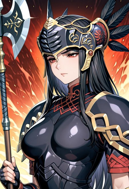 masterpiece,best quality,amazing quality,very aesthetic,absurdres,newest, huge filesize,
<lora:spo_sdxl_10ep_4k-data_lora_webui:0.5>,
<lora:add-detail-xl:1>
valkyrie profile \(series\), official art,  Hrist
<lora:Valkyrie_ProfileV1_r1:1>Valkyrie ProfileV1, 
Valkyrie ProfileV1, 1girl, armor, weapon, solo, helmet, polearm, black hair, long hair, halberd, breastplate, V_Arly,
black  armor,
upper body