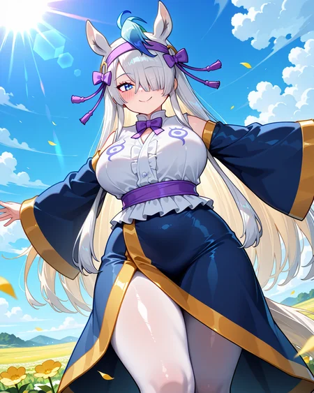 1girl, <lora:gyokuryu_kf_ilxl_v1:1>, gyokuryu \(kemono friends\), horse girl, horse ears, animal ears, extra ears, horse tail, tail, multicolored hair, white hair, blue hair, streaked hair, ahoge, long hair, asymmetrical bangs, sidelocks, hair over one eye, hair bow, hair ornament, hair ribbon, hair tubes, hairband, purple bow, purple bowtie, purple hairband, purple ribbon, blue eyes, large breasts, curvy, mature female, gykr1st, shirt, white shirt, sash, purple sash, coat, robe, blue coat, blue robe, detached sleeves, blue sleeves, wide sleeves, sleeves past wrists, pantyhose, white pantyhose, standing, blush, smile, looking at viewer, spread arms, happy, looking at viewer, flower field, blue sky, cloud, from below, lens flare, masterpiece, best quality, very aesthetic, absurdres