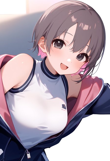 1girl,
otokura yuuki,


solo, looking at viewer, blush, breasts, open clothes, white shirt, bare shoulders, sleeveless, medium breasts, simple background, open mouth, hair between eyes, upper body, arms behind back, pink jacket, two-tone hair, multicolored hair, blue jacket, open jacket, virtual youtuber, smile, sleeveless shirt, long sleeves, jacket, off shoulder, colored inner hair, short hair, pink hair, white background, black eyes, shirt, black hair,

sfw
<lora:a31_char_new_otokura_yuuki-000022:1> <lora:a31_style_koni-000010:0.8>