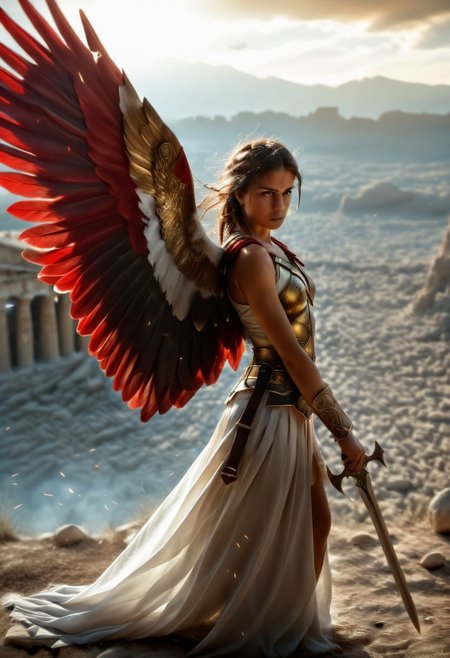 Breathtaking portrait of a cute brunette spartan female angel warrior, red cape, large feathered spreaded wings, holding a sword in right hand and a shield on left hand, athena reincarnation. Heroic stance, majestic