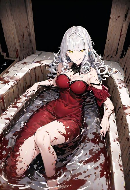 masterpiece, best quality, ultra-detailed, beautiful, nai3, 1girl, solo, full_body, tachi-e, 
 fate/grand order	1girl	 carmilla \(fate\),
1girl, woman, mature female, blunt bangs, curly sidelocks, yellow eyes, long hair, white hair, smile, blood stains, submerged, bath, bathtub, red water, indoors, gothic castle,