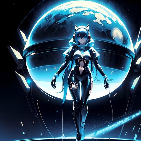 1girl,long hair,((blue hair)),blue eyes,space,galaxy,comet,(illustration:2),(perfect details:1.1),landscape,background,latex,abstract,sexy,(blue sunglasses),headphones,blue and black and white outfit,(extremely detailed),cyberpunk,futuristic,hood,sparkle,full body