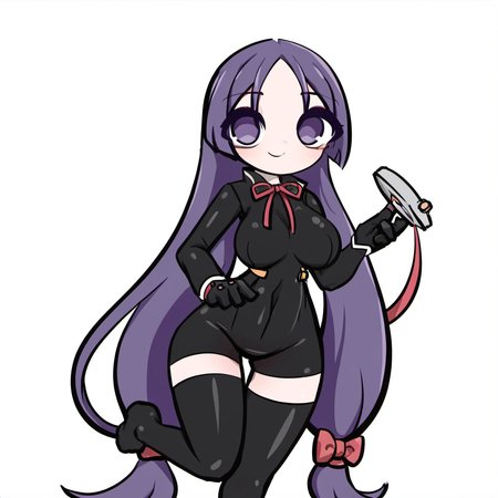 1girl, minamoto no raikou (fate), absurdly long hair, black thighhighs, bodysuit, chibi, closed mouth, holding, jitome, long hair, looking at viewer, low-tied long hair, neck ribbon, parted bangs, purple eyes, purple hair, red ribbon, ribbon, smile, solo, standing, standing on one leg, thighhighs, very long hair