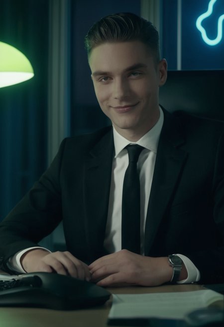 cinematic film still close-up of a deathly pale young man in an expensive black business suit and tie sitting at desk in an office at night, smiling,  neon lights <lora:corpse:1>