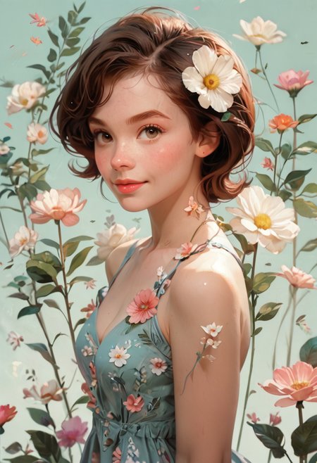 score_9, score_8, score_7 up, 1girl, helen parr, young woman, beautiful eyes, small smile, fl0rald0lls, dynamic pose, summer dress, pastel background, flowers, leaf, pink flower, white flower, red<lora:Floral Dolls Pony Style:0.8><lora:EnvyPonyPrettyEyes01:0.7>  <lora:HelenParr:1>