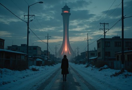 Front 3/4 view portrait Picture illustration of a lonely girl looking at the sky and while snowing. From the distance a tall alien headquarter tower stands menacing the human kind. The tower is glowing in the dusk. Dusk. Long realistic shadows. Several electrical and fiber optic cables around the city. Post apocalyptic buildings and landscape all around. Many details everywhere. Ray-Tracing. Anti-Aliasing. Realistic reflections. Realistic soft shadows. Moody. Disturbing. Insane quality. Insane resolution. Insane details. Masterpiece. by Simon Stalenhag.