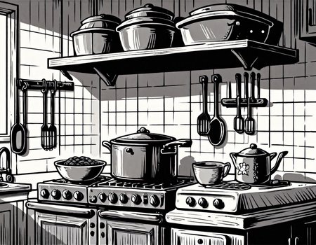 score_9, score_8_up, score_7_up,  <lora:Clean Sketch (J) style:1> monochrome, kitchen with a stove and counter tops with cupboards,