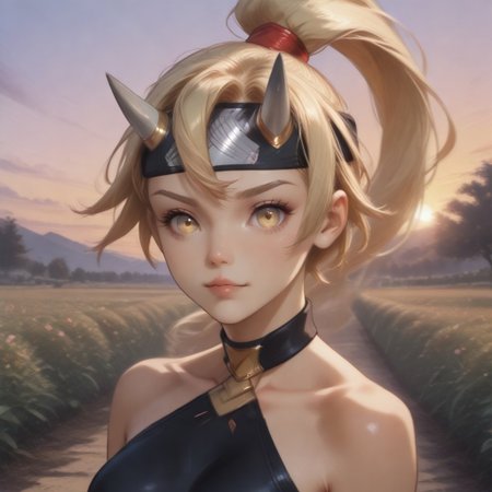 1girl, solo, close-up, Aoi, blonde hair, yellow eyes,defaultaoi, horns, headband, forehead protector, ponytail, bare shoulders, ninja, armor, ribbon on back,, BREAK, Masatsugu Saito, Garden, sunset, orange sky, purple sky
