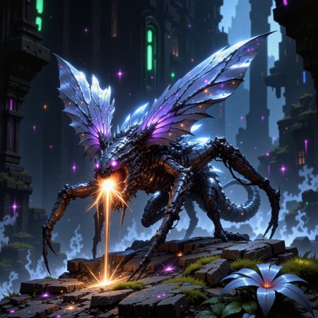 award-winning macro photo, short depth of field, hyper realistic, dim lighting, at night, bioluminescence, subsurface scattering, the diminutive "unkempt bognipfer" is a primordial beast, thriving among the sprawling vorbitclasp fields of the outer rim planet "xynort vii". these creatures are covered in downhippered spikes that collect the glowing macrospores drifting on the planets constant wrangly winds. their primary feature, however, is the pair of leathery wings they use for gliding leaps between the screwbled zanglevines. the creature's world is a tangle of vibrant, squidgefroned blooms and floating pollen clouds, creating a habitat of constant activity, highly detailed, intricate, detailed background, golden ratio, arsmjstyle, dnddarkestfantasy, in the style of ck-ovf, aidmafluxpro1.1, 
amanoer, <lora:style-yoshitaka_amano-elden_ring-flux-by_alicient:0.56> 
<lora:style-mythic_fantasy-v2-flux-by_velvets:0.88> 
<lora:style-oneviolentfantasy-ep21-flux-by_chronoknight:0.4> 
<lora:flux_pro1.1_detailer-v0.2-flux-by_aidma:0.52>
