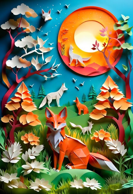 Origami world, a paper fox. on a meadow. trees. a paper sunset in the background, vibrant glow. Viviane color, vivid background, midjourneyv6.1, 
paper cuttings art, fantasy animal,