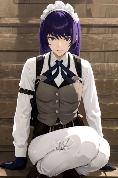 solo, 1girl, solo_focus, (((masterpiece))), ((best quality)), ((ultra-detailed)), ((too_many)):16, high resolution, absurdres, highres, ultra-detailed 8k unity wallpaper, 
kikunop3, maid headdress, vest, shirt, gloves, pants, boots, holster