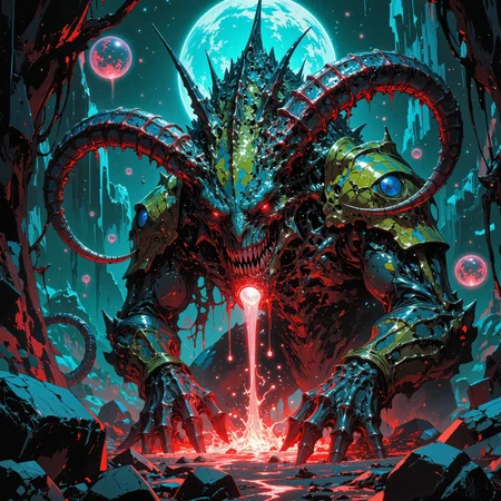 unfathomable and strange scenery on a distant world, famous artwork inspired by dan frazier and wayne england and jason engle, gothic sci-fi style, venturing into the heart of the dense forest planet "zeplar prime," the galactic explorer might encounter the majestic and enigmatic "well-mannered chatterbloom," its iridescent scales make it stand out in its environment, while the enormous horns on its sides pulse hypnotically with monkiflonged energy warning would-be predators of its dangerous poison, creature focus, very aesthetic, extremely detailed, ultra high resolution, 8k, 4k, harmonising colors, navy blue and lime green and jet black and scarlet and indigo purple and light beige, ovg, amanoer, mi2655, an1mel1nes, <lora:style-yoshitaka_amano-elden_ring-flux-by_alicient:0.44> <lora:style-retro_anime-flux-by_lizardman245:0.32> <lora:style-ethereal_dark-midjourney-flux-by_gedogfx:0.48> <lora:style-mythic_fantasy-anime_lines-flux-by_velvets:0.6>