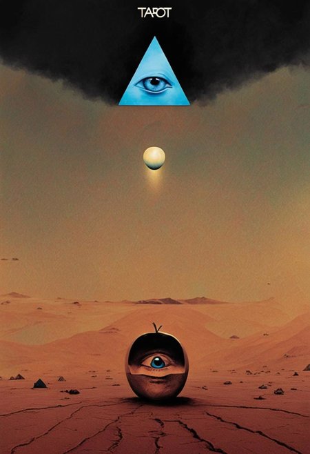Tarot card design for the magician card with Robert Anton Wilson as the magician, in the desert with a pyramid in the background with an eye looking at the magician, mandala, golden Apple, UFO, dark vaporwave color palette, Perfect Hands, 3l3ctronics