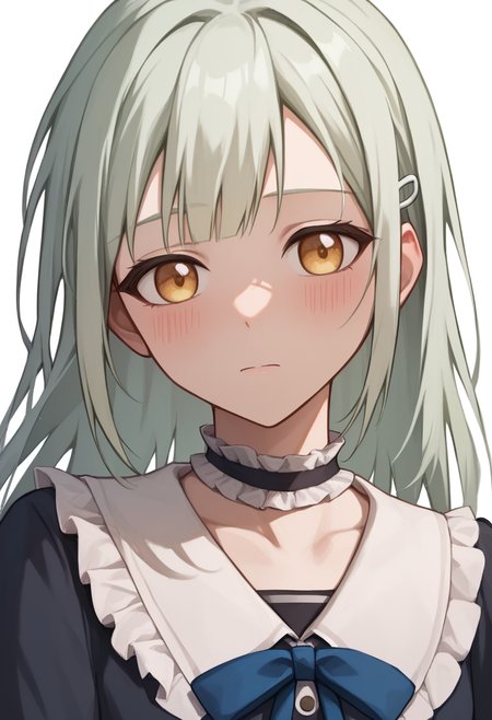 score_9,score_8_up,score_7_up,<lora:wakaba_mutsumi_tomori_pony_v1:1>,simple_background, blue_ribbon, looking_at_viewer, blush, hairclip, white_background, hashtag-only_commentary, frilled_choker, black_dress, highres, solo, neck_ribbon, upper_body, 1girl, long_sleeves, wakaba_mutsumi, closed_mouth