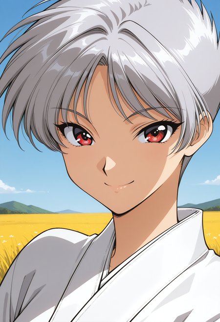 houjyou_torami, red eyes, grey hair, short hair, dougi, karate wear, <lora:asuka120_houjyou_torami_illustrious_ver1:0.8> 
smile,, masterpiece, best quality, general,, 1girl, solo, (field:1.2), (blue sky:1.2), looking at viewer,, (upper body:1.2), (close-up:1.2), (facing viewer:1.2), (open eyes:1.4), (portrait:1.2)