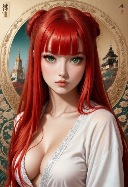 masterpiece,best quality,detailed background, <lora:hyperSD8:1>,
1girl, red hair, long hair, blunt bangs, hime cut, green eyes, eyelashes, large BREASTS, <lora:UKIYO-E_V3:1> ukiyo-e, DETAILED EYES, BORED, loose clothes, expressionless, saturated colors, vibrant colors