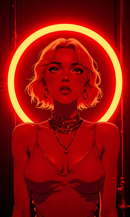 A woman with short, wavy blonde hair that appears to be illuminated by a bright red light. She is positioned in front of a circular neon ring, which casts a warm, reddish glow over her face and upper body. Her expression is intense and captivating, with her eyes looking directly at the camera.
Her facial expression is bold and confident. She has a slight pout on her lips, which adds to the overall intensity of her look. Her eyes are wide open, creating a sense of connection with the viewer. The red lighting enhances the contours of her face, making her features stand out even more.
She is standing upright, with her shoulders slightly back, giving a strong and assertive posture. Her head is tilted slightly upwards, adding to the dramatic effect of the image. The way she holds herself conveys a sense of self-assurance and presence.
The woman is wearing a sleeveless top or dress that leaves her shoulders and chest exposed. The fabric appears to be lightweight and possibly sheer, adding a touch of elegance and sophistication to her outfit. She also has several necklaces around her neck, which add a layer of detail and style to her appearance.
The camera is positioned at eye level, capturing the woman from a frontal perspective. This angle allows for a direct and intimate view of her face and upper body. The framing is tight, focusing primarily on her and the immediate surroundings.
The lighting in the image is predominantly red, coming from the circular neon ring behind her. The red light creates a warm and intense atmosphere, casting shadows that highlight the texture of her skin and hair. The contrast between the bright red light and the darker background enhances the overall visual impact.
The background is dark and minimalistic, with no distinct features or objects. The focus is entirely on the woman and the neon ring behind her. The darkness of the background helps to draw attention to the subject and the vibrant red light.
The composition is centered and symmetrical, with the woman positioned in the middle of the frame. The circular neon ring frames her face perfectly, creating a halo-like effect. The lines of the ring and the direction of her gaze guide the viewer's eye through the image, creating a sense of balance and harmony. The overall effect is one of drama and intensity, capturing a moment of powerful presence and beauty.
BREAK j_art, anime, anime art, <lora:FLUX\RetroAnimeS1.1:0.1>, <lora:FLUX\GLSHS:0.1>, <lora:FLUX\Dieselpunk Delight - s0_9 g4:0.1>, <lora:FLUX\Anime Art V3:0.1>, <lora:FLUX\jul\J_Anime:1.0>
