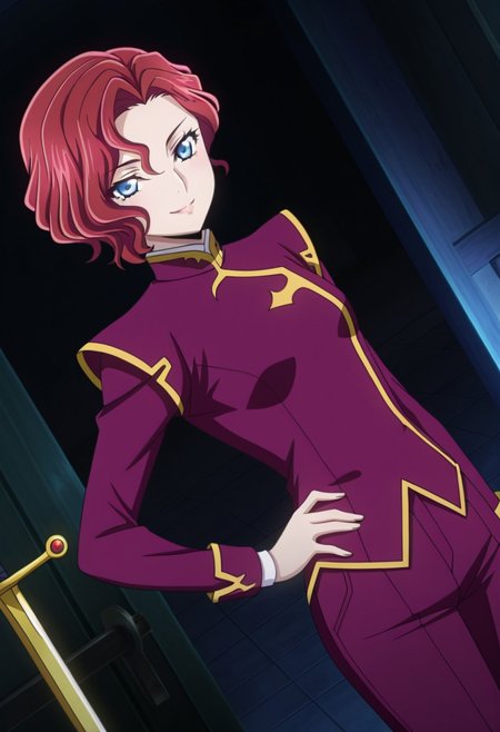 general,highres, ultra-detailed,very aesthetic,best quality ,best hands,best eyes,easynegative,
dynamic anglre, dutch angle, anime cloring,anime screencap,
1girl solo,looking at viewer,smile,indoors, hand on hip,
Jean Lowe,red hair, short_hair, wavy hair, blue_eyes, small breasts,purple shirt, purple pants, sword,