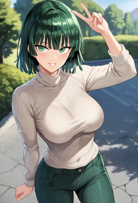 score_9, score_8_up, score_7_up, solo, 1girl, Fubuki_(One-Punch_Man), green_eyes, green_hair, short_hair, blunt_bangs, large_breasts, white_sweater, pants, outdoors, v, looking_at_viewer, slight_smile, blurry_background