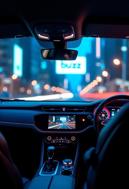Viewer inside a car, outside arexa futuristic city background at night with screens and neon lights, in a focused big screen in a big building are written the words buzz please