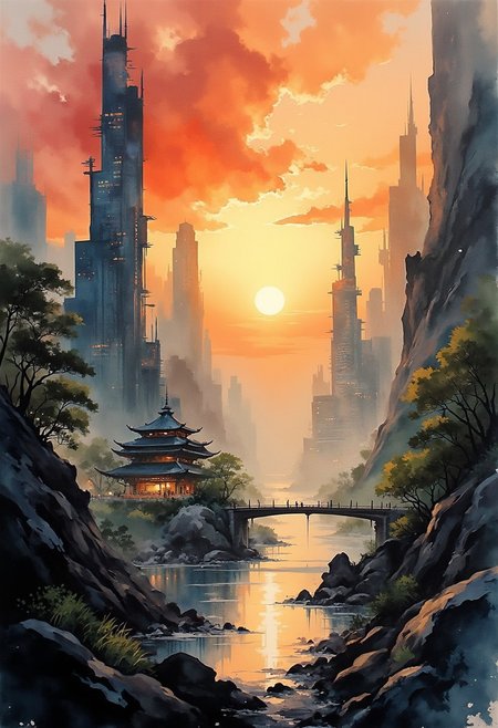 A dinkfsn style ink wash painting, in the style of ck-mgs, inkwash of an advanced sci-fi cityscape, with gleaming towers and skyscrapers, sunset