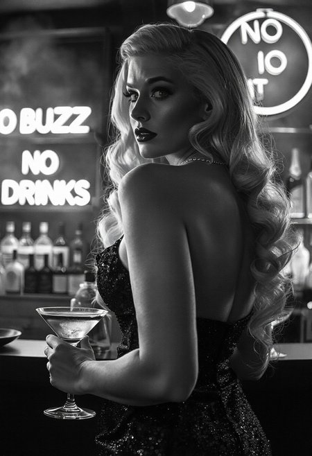 Film noir style, black & White, high contrast, greyscale:2.5, 1940s film noir detective movie, shot on film, film noir detective movie, cinematic, 
((best quality)), ((masterpiece)), (detailed), film noir butterfly lighting, 
Female, beautiful voluptuous woman, long platinum blonde hair in 1940s pinup style, full pouty lips, lips parted, busty, hourglass figure:0.7, slinky backless and sleeveless dress, super sexy sequin dress, from behind, looking to the side, standing at a bar in a cocktail lounge, Smokey background:0.6, neon Sign behind the bar says “NO BUZZ NO DRINKS”:1.5, highly detailed skin, looking at the viewer,  holding a martini glass, background of a bar, backlit bottles of upscale alcohol on shelves behind bar:0.6, no watermark signature, closed mouth, insanely detailed, ((masterpiece)), HDR, key visual, studio quality, highly detailed, close portrait,
beautiful, ultrafine, detailed, studio lighting . Monochrome, high contrast, dramatic shadows, 1940s style, mysterious, cinematic, film noir:0.9,